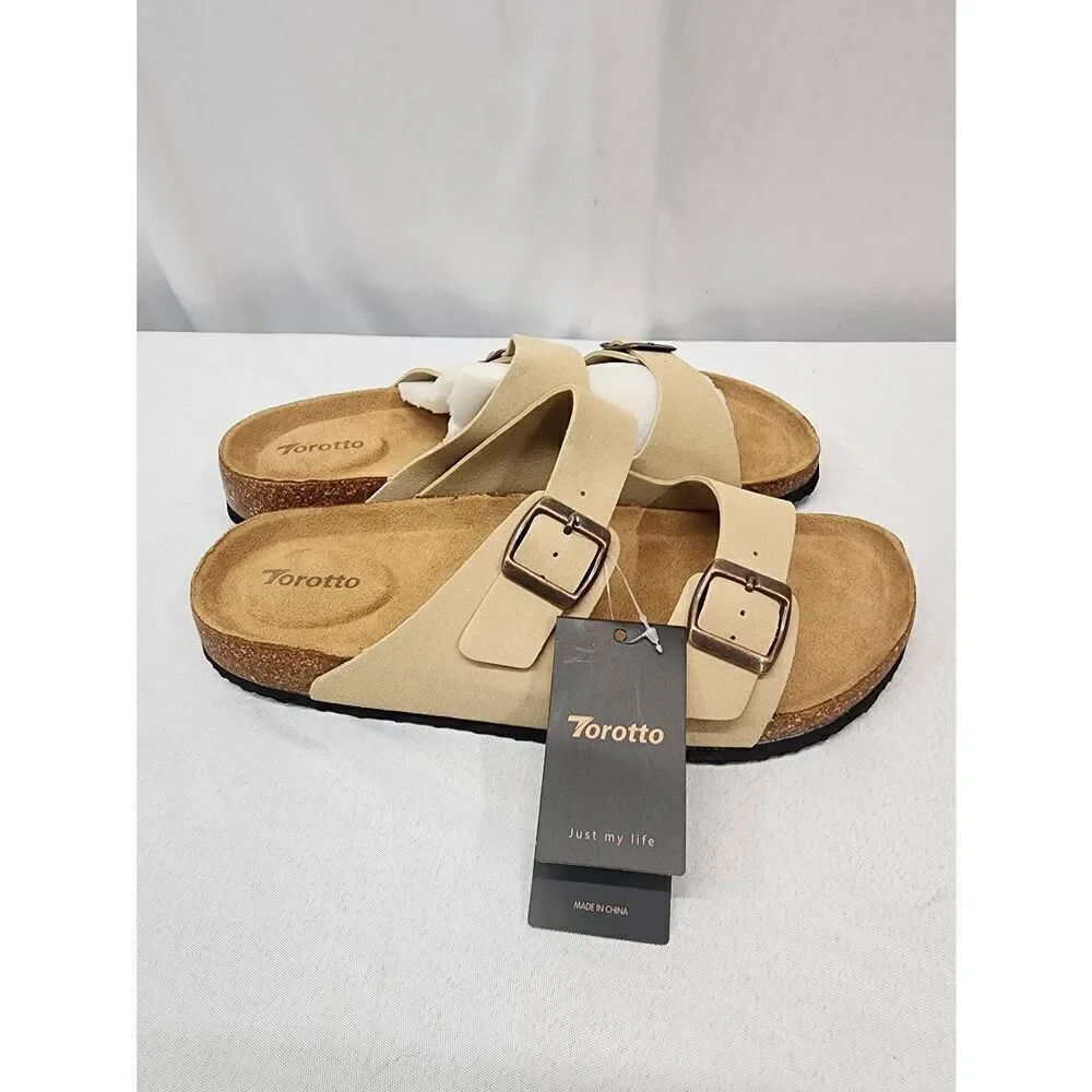 Torotto Mens Tan US 10 Slides Cork Open Toe Adjustable Webbing Flat Sandals